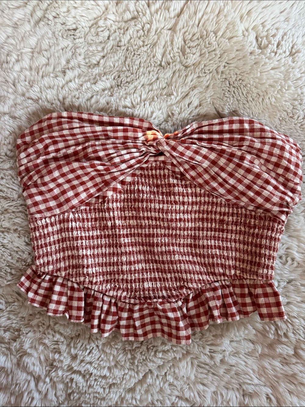Red Gingham Smocked Strapless Crop Top Cotton Large